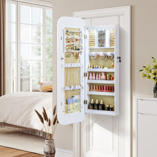 6 LEDs Mirror Jewelry Cabinet Wall or Door Mounted Lockable Jewelry Organizer-White W2B