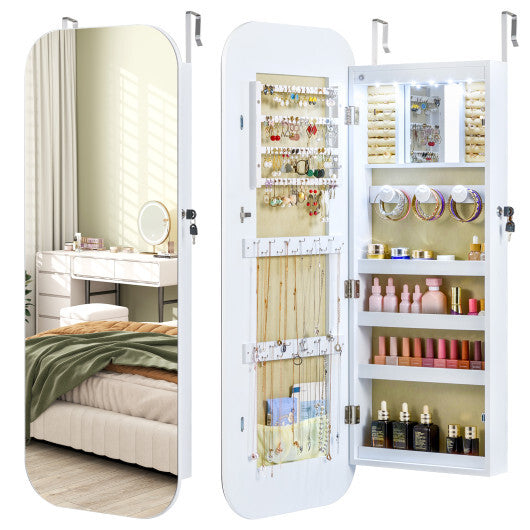 6 LEDs Mirror Jewelry Cabinet Wall or Door Mounted Lockable Jewelry Organizer-White W2B