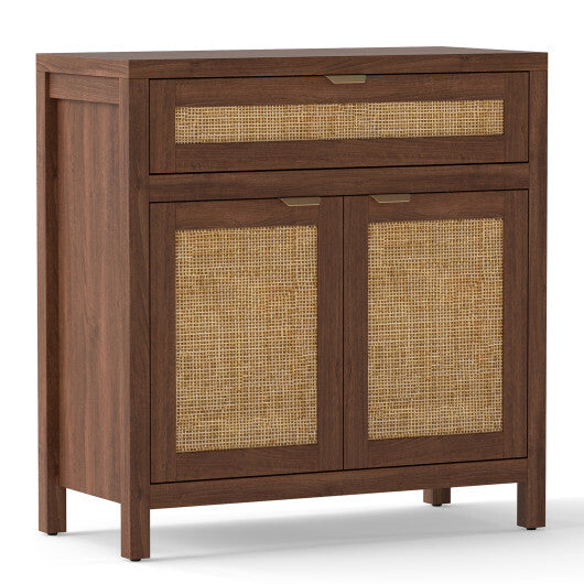 Sideboard Storage Cabinet with Rattan Doors and Drawer-Brown