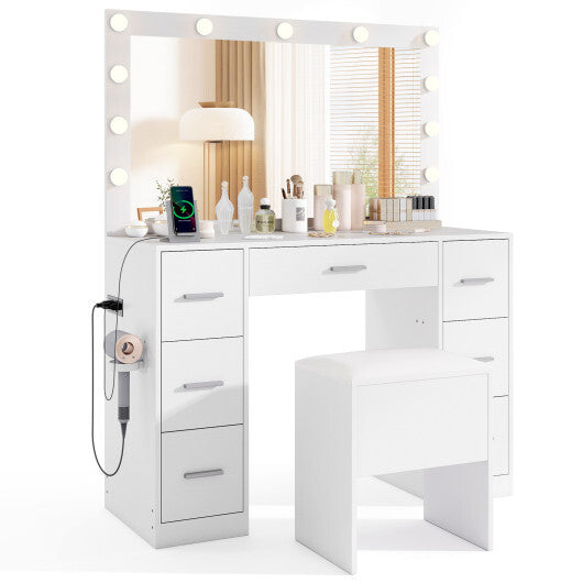 43.5-Inche Vanity Desk with Mirror and Lights for Bedroom-White W2B