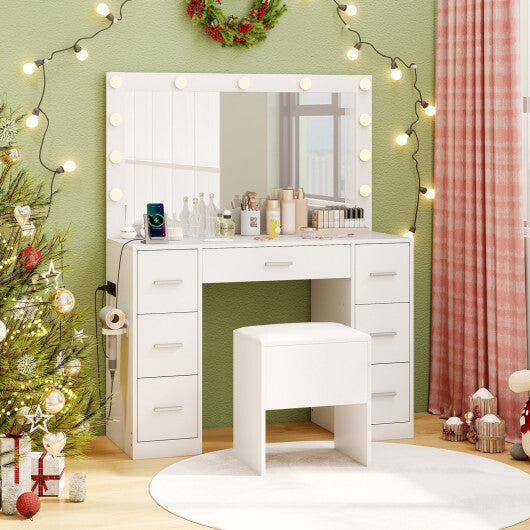 43.5-Inche Vanity Desk with Mirror and Lights for Bedroom-White W2B