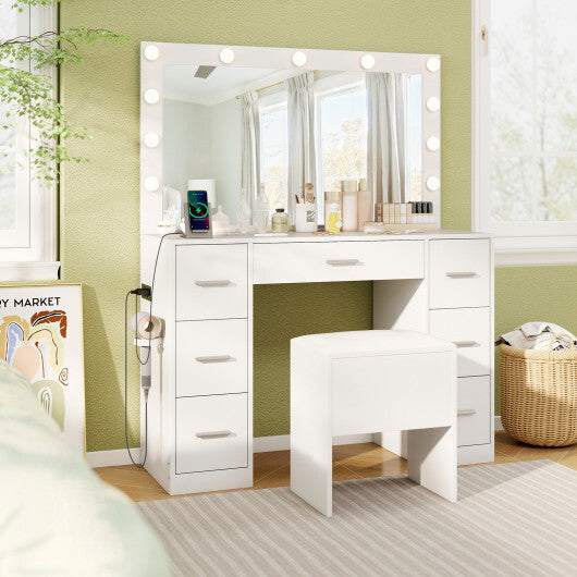 43.5-Inche Vanity Desk with Mirror and Lights for Bedroom-White W2B