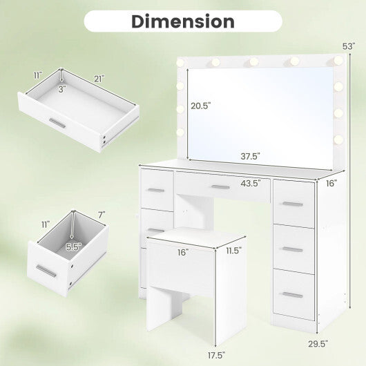 43.5-Inche Vanity Desk with Mirror and Lights for Bedroom-White W2B