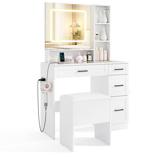 Dressing Desk with 3 Color Lighting and Hair Dryer Stand-White