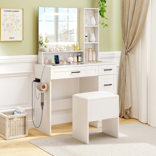 Vanity Stool Flip Top Storage Stool with Soft Padded Seat-White W2B