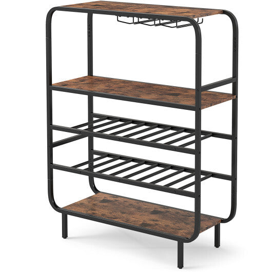 16 Bottle Wine Rack with 5-Tier Wine Shelf and Glass Holders for Kitchen Bar-Rustic Brown W2B