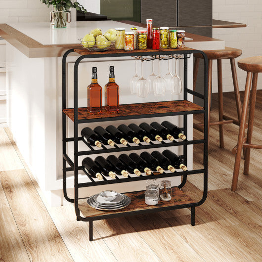 16 Bottle Wine Rack with 5-Tier Wine Shelf and Glass Holders for Kitchen Bar-Rustic Brown W2B