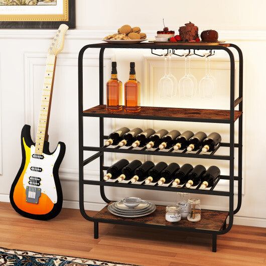16 Bottle Wine Rack with 5-Tier Wine Shelf and Glass Holders for Kitchen Bar-Rustic Brown W2B