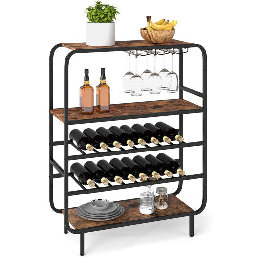 16 Bottle Wine Rack with 5-Tier Wine Shelf and Glass Holders for Kitchen Bar-Rustic Brown W2B