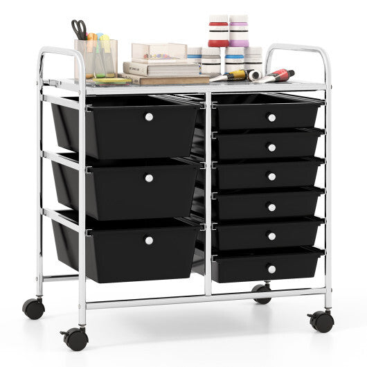 9-Drawer Rolling Storage Cart with Colorful Drawers and Metal Frame-Black W2B