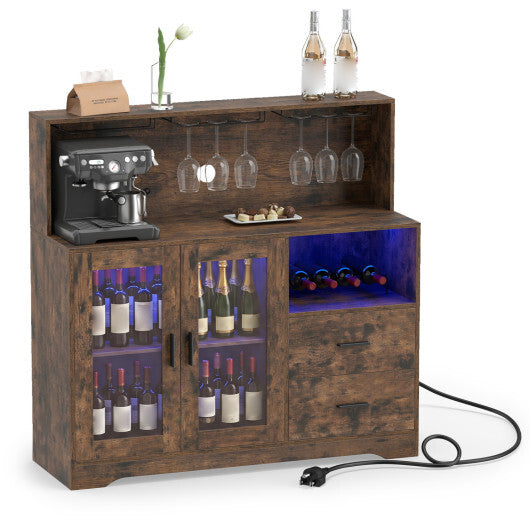 Wine Bar Cabinet with LED Lights and Charging Station-Rustic Brown W2B