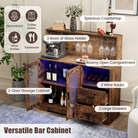 Wine Bar Cabinet with LED Lights and Charging Station-Rustic Brown W2B