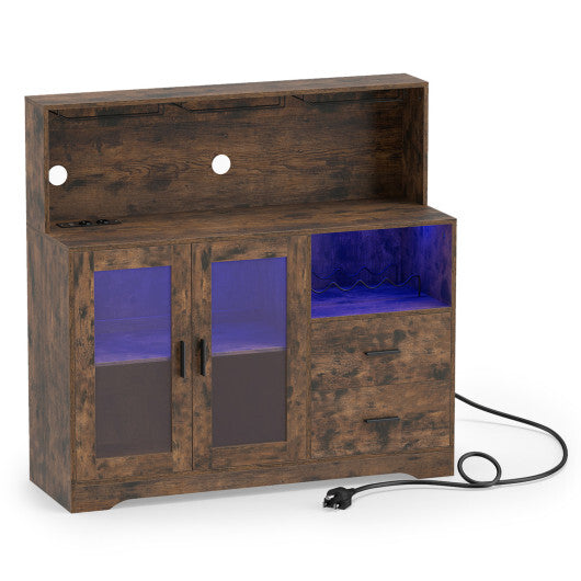 Wine Bar Cabinet with LED Lights and Charging Station-Rustic Brown W2B