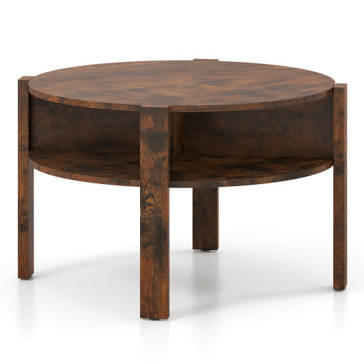 29.5 Inch Round Coffee Table with Storage Shelves for Small Space-Rustic Brown W2B