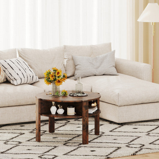 29.5 Inch Round Coffee Table with Storage Shelves for Small Space-Rustic Brown W2B