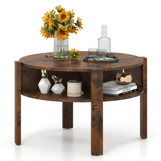 29.5 Inch Round Coffee Table with Storage Shelves for Small Space-Rustic Brown W2B