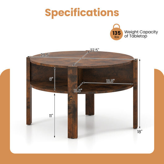 29.5 Inch Round Coffee Table with Storage Shelves for Small Space-Rustic Brown W2B