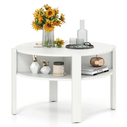 29.5 Inch Round Coffee Table with Storage Shelves for Small Space-Rustic Brown W2B