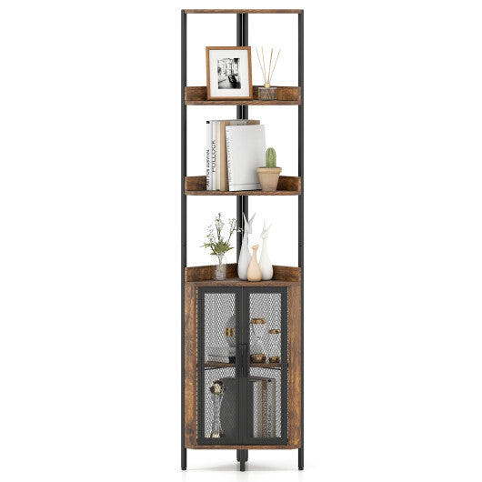 6-Tier Corner Shelf 67 Inches Tall Corner Bookshelf with Cabinet Industrial Bookcase-Brown W2B