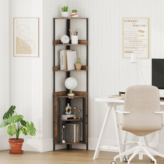 6-Tier Corner Shelf 67 Inches Tall Corner Bookshelf with Cabinet Industrial Bookcase-Brown W2B