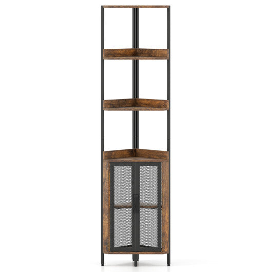 6-Tier Corner Shelf 67 Inches Tall Corner Bookshelf with Cabinet Industrial Bookcase-Brown W2B