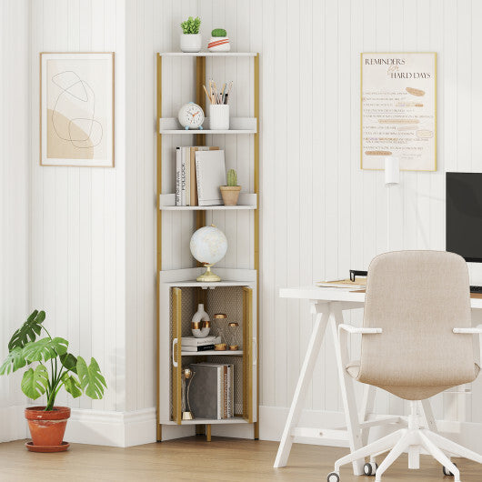 6-Tier Corner Shelf 67 Inches Tall Corner Bookshelf with Cabinet Industrial Bookcase-Brown W2B
