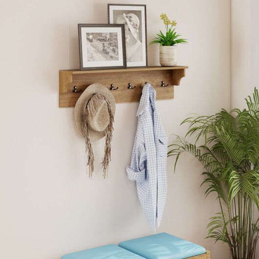 Wall Hooks with Shelf 31.5inch Wooden Coat Rack with 6 Hooks for Hats Towels Purses Robes-Natural W2B