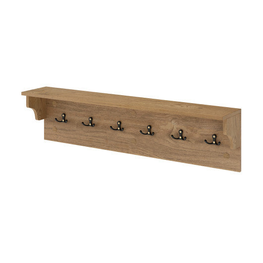 Wall Hooks with Shelf 31.5inch Wooden Coat Rack with 6 Hooks for Hats Towels Purses Robes-Natural