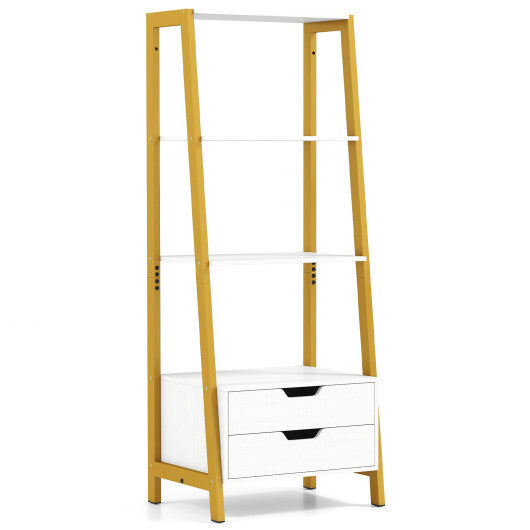 4-Tier Ladder Shelf with 2 Drawers 52.5 Inch Tall Freestanding Bookcase-White W2B