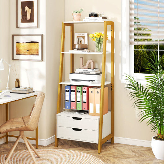 4-Tier Ladder Shelf with 2 Drawers 52.5 Inch Tall Freestanding Bookcase-White W2B