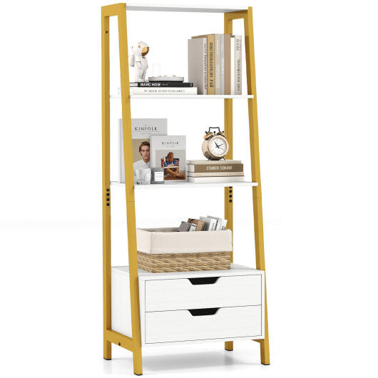 4-Tier Ladder Shelf with 2 Drawers 52.5 Inch Tall Freestanding Bookcase-White W2B