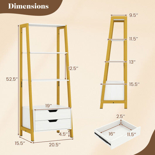 4-Tier Ladder Shelf with 2 Drawers 52.5 Inch Tall Freestanding Bookcase-White W2B