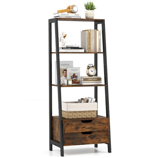 4-Tier Ladder Shelf with 2 Drawers 52.5 Inch Tall Freestanding Bookcase-White W2B