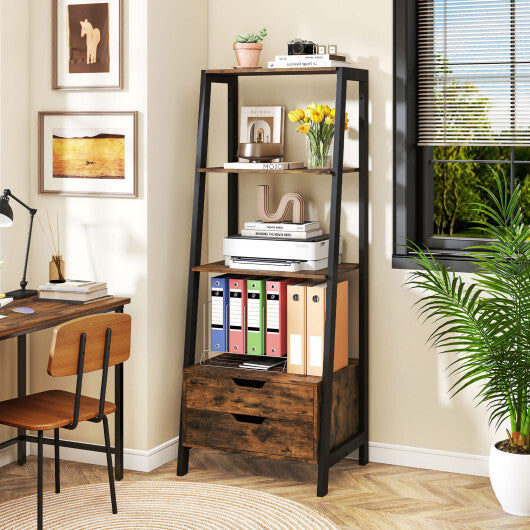 4-Tier Ladder Shelf with 2 Drawers 52.5 Inch Tall Freestanding Bookcase-White W2B