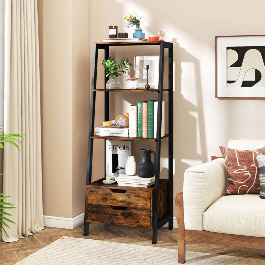 4-Tier Ladder Shelf with 2 Drawers 52.5 Inch Tall Freestanding Bookcase-White W2B