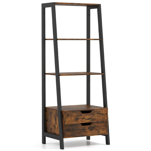 4-Tier Ladder Shelf with 2 Drawers 52.5 Inch Tall Freestanding Bookcase-White W2B