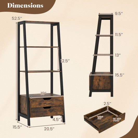 4-Tier Ladder Shelf with 2 Drawers 52.5 Inch Tall Freestanding Bookcase-White W2B