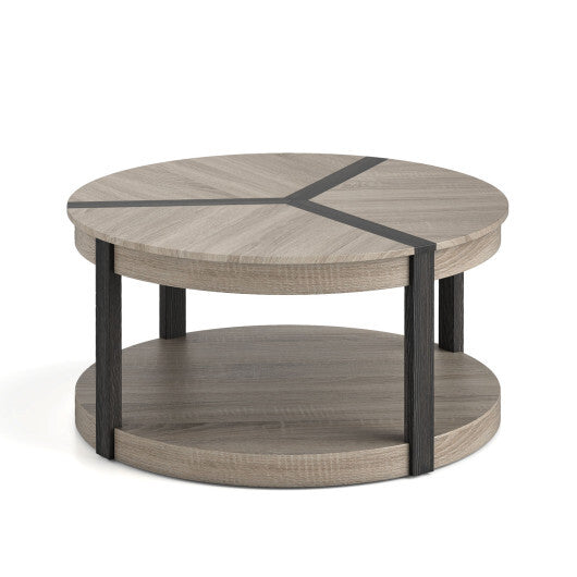 34.5" Rubber Wood 2-Tier Round Center Table with Spacious Tabletop and Storage Shelf-Gray W2B