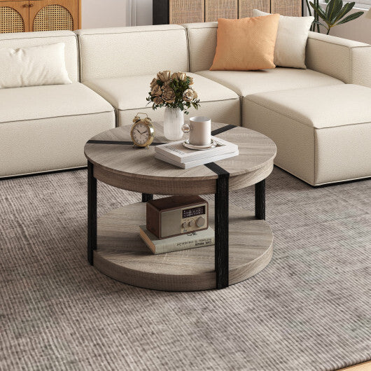 34.5" Rubber Wood 2-Tier Round Center Table with Spacious Tabletop and Storage Shelf-Gray W2B