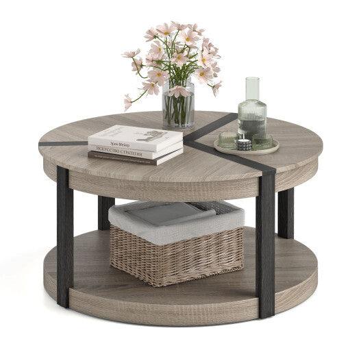 34.5" Rubber Wood 2-Tier Round Center Table with Spacious Tabletop and Storage Shelf-Gray W2B
