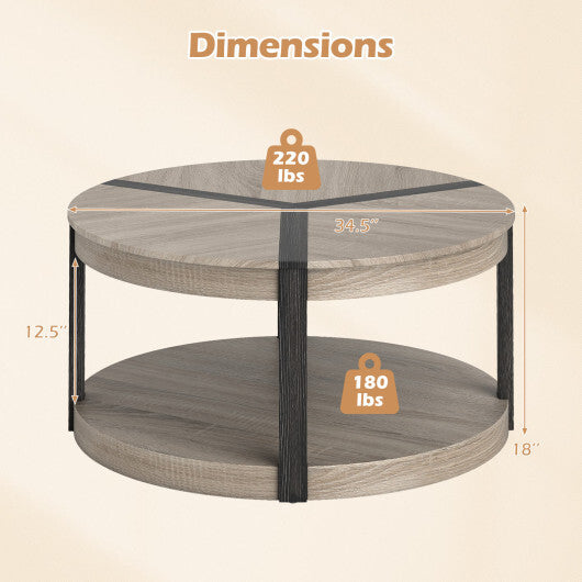 34.5" Rubber Wood 2-Tier Round Center Table with Spacious Tabletop and Storage Shelf-Gray W2B