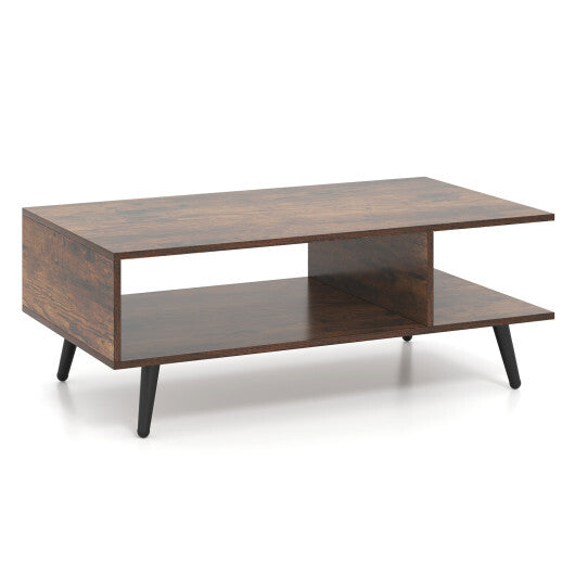 Mid Century Modern Rectangle Coffee Table 2-Tier Accent Table with 2 Open Compartments-Rustic Brown W2B