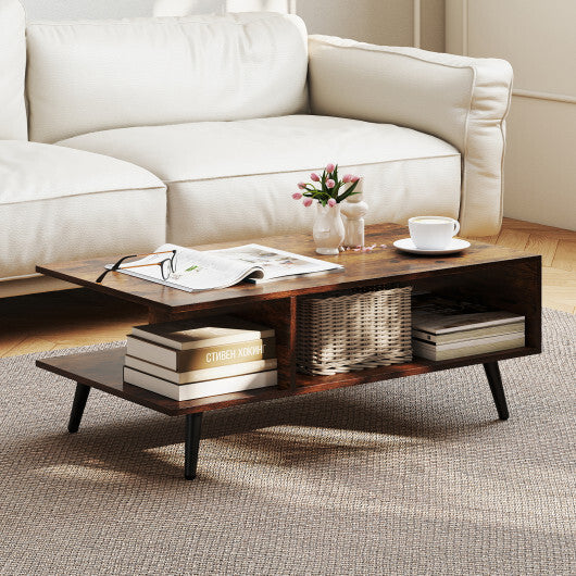 Mid Century Modern Rectangle Coffee Table 2-Tier Accent Table with 2 Open Compartments-Rustic Brown W2B