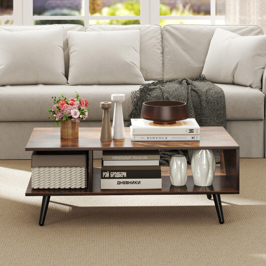 Mid Century Modern Rectangle Coffee Table 2-Tier Accent Table with 2 Open Compartments-Rustic Brown W2B