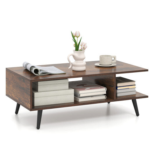 Mid Century Modern Rectangle Coffee Table 2-Tier Accent Table with 2 Open Compartments-Rustic Brown W2B