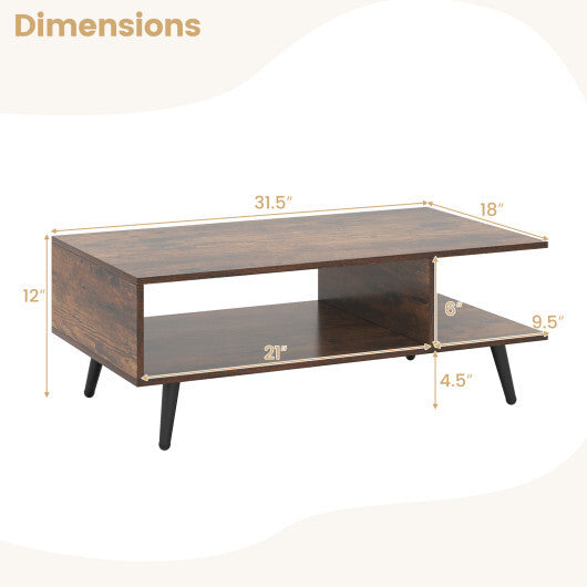 Mid Century Modern Rectangle Coffee Table 2-Tier Accent Table with 2 Open Compartments-Rustic Brown W2B