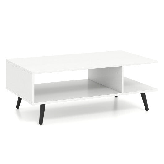 Mid Century Modern Rectangle Coffee Table 2-Tier Accent Table with 2 Open Compartments-Rustic Brown W2B