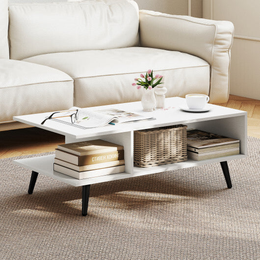 Mid Century Modern Rectangle Coffee Table 2-Tier Accent Table with 2 Open Compartments-Rustic Brown W2B