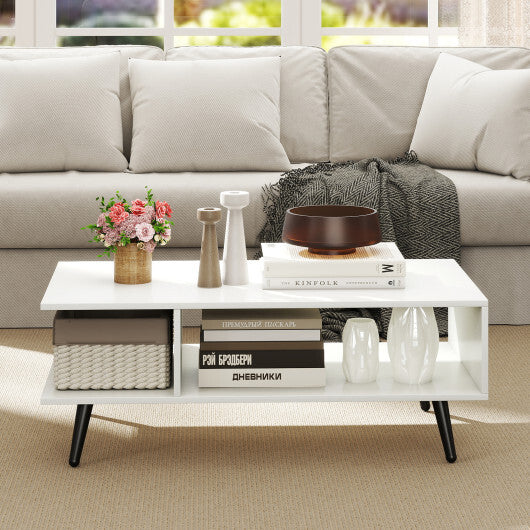 Mid Century Modern Rectangle Coffee Table 2-Tier Accent Table with 2 Open Compartments-Rustic Brown W2B