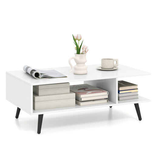 Mid Century Modern Rectangle Coffee Table 2-Tier Accent Table with 2 Open Compartments-Rustic Brown W2B